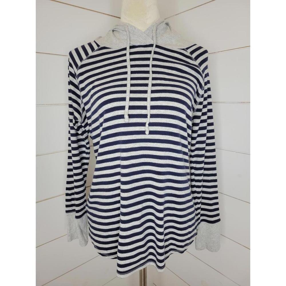 Eddie Bauer Navy and White Striped Long Sleeve Hoodie Tee